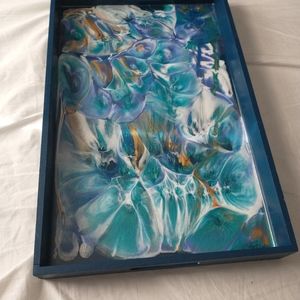 Dark blue painted wooden tray with seafoam green pearl white gold purple